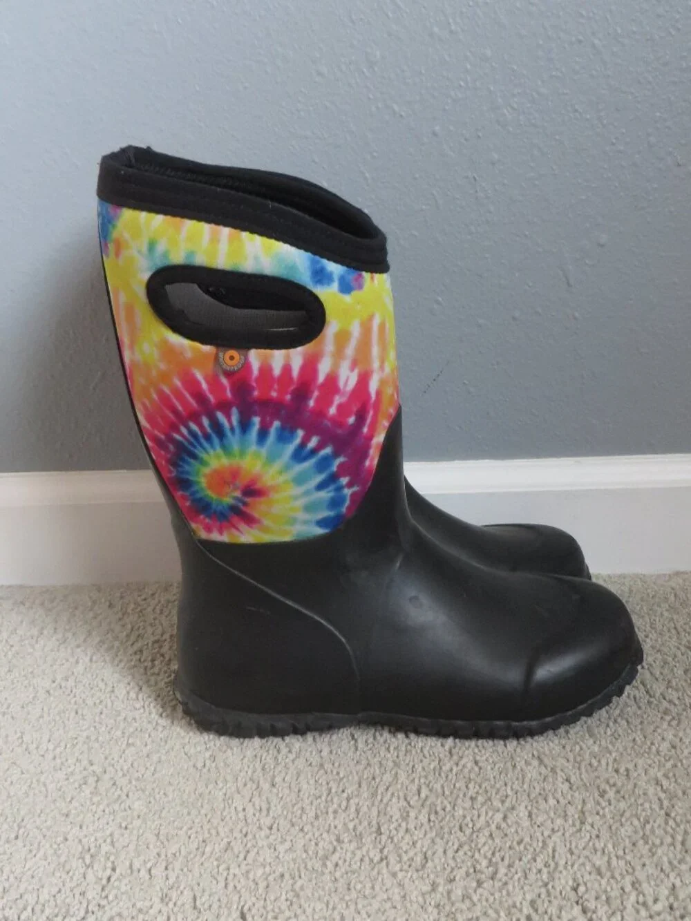 Bogs Kids Rain/Snow Boots Size 2 Youth Black With Multicolor Tie-Dye Cuff